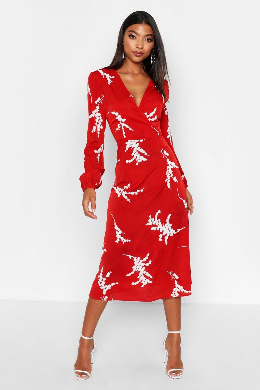 Berry Tall Floral Print Wrap Midi Dress image number 1