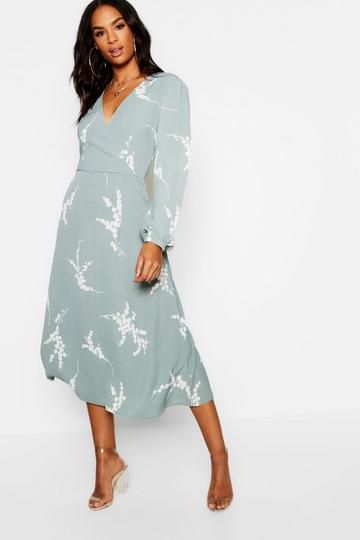 Sage Green Tall Floral Print Wrap Midi Dress