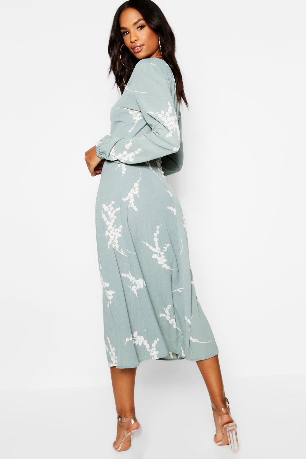 Sage green printed shop long sleeve wrap dress