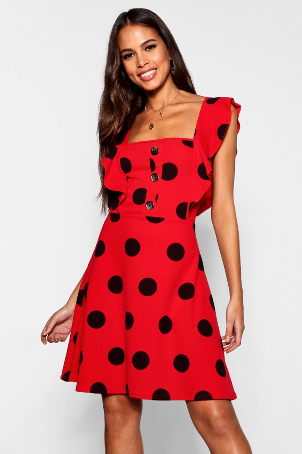 red polka dot skater dress