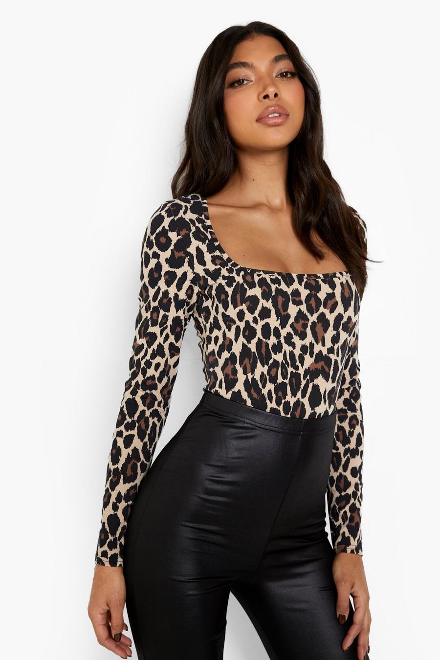 Brown marron Tall Leopard Square Neck Bodysuit image number 1