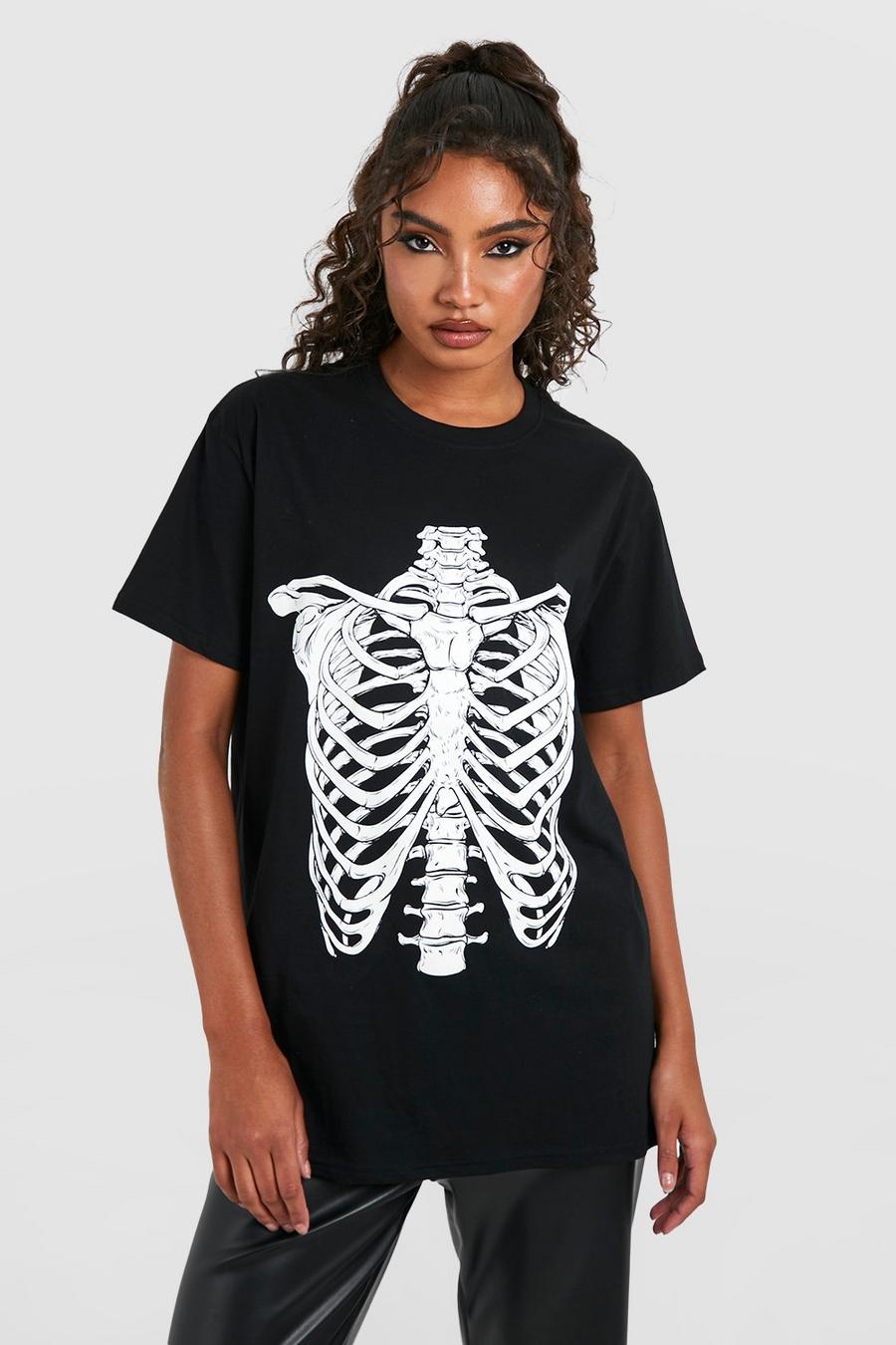 Tall geripptes Halloween T-Shirt mit Skelett-Print, Schwarz image number 1