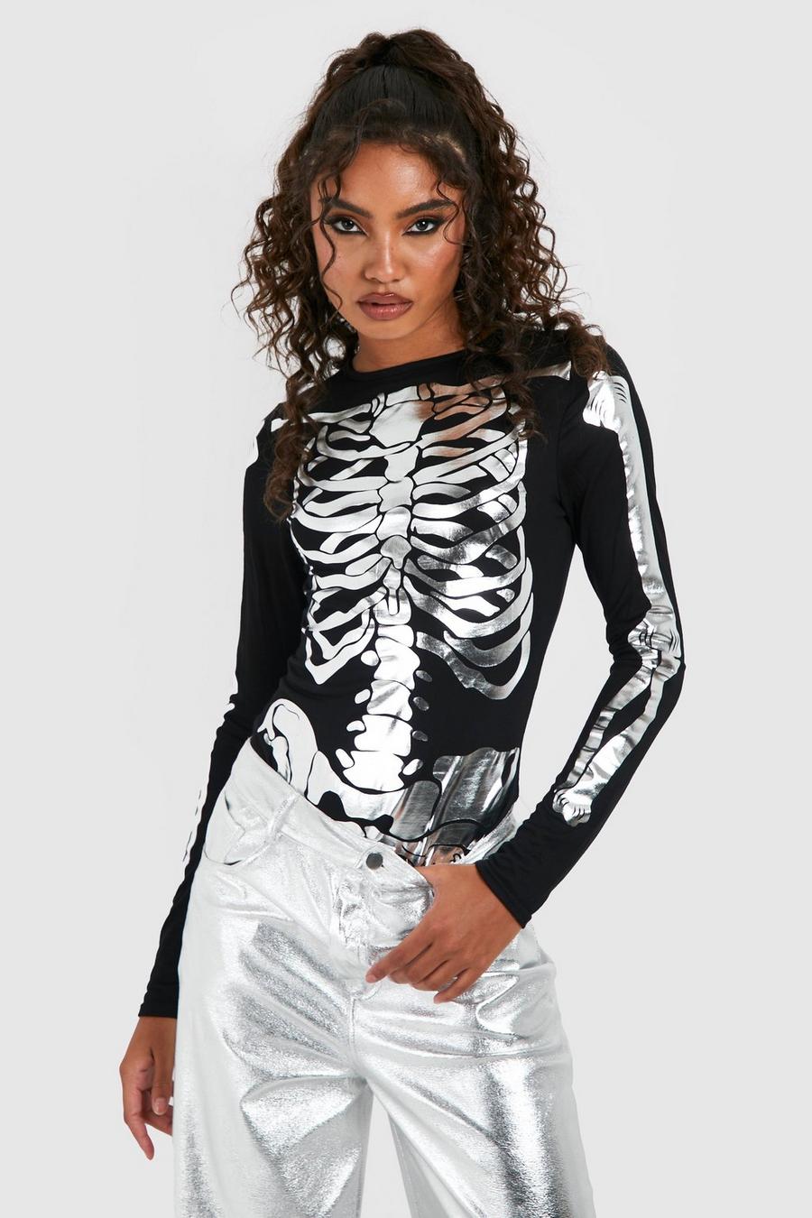 Black svart Tall Halloween Metallic Skeleton Bodysuit