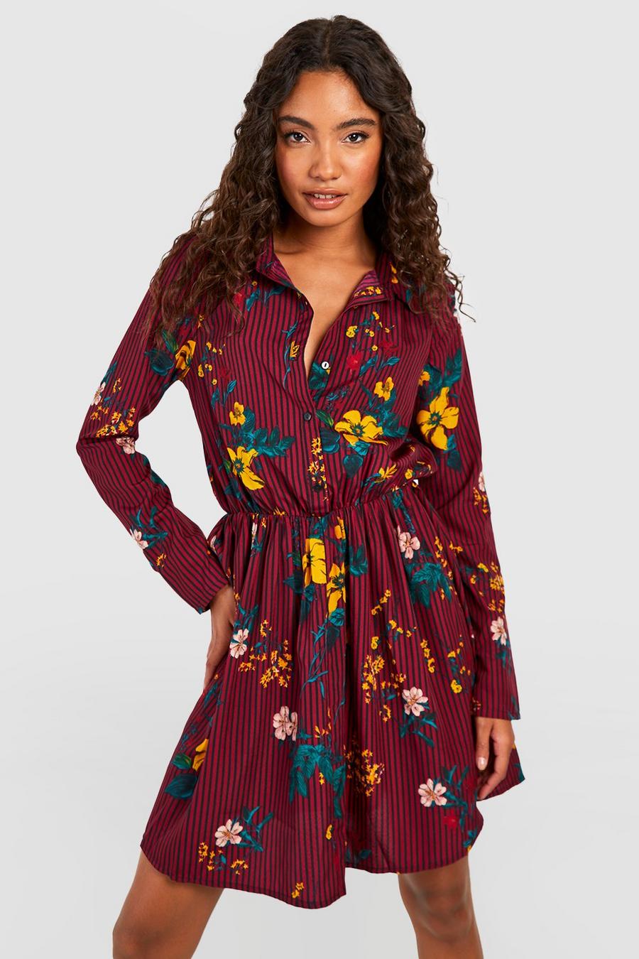Berry red Tall Stripe Floral Shirt Dress image number 1