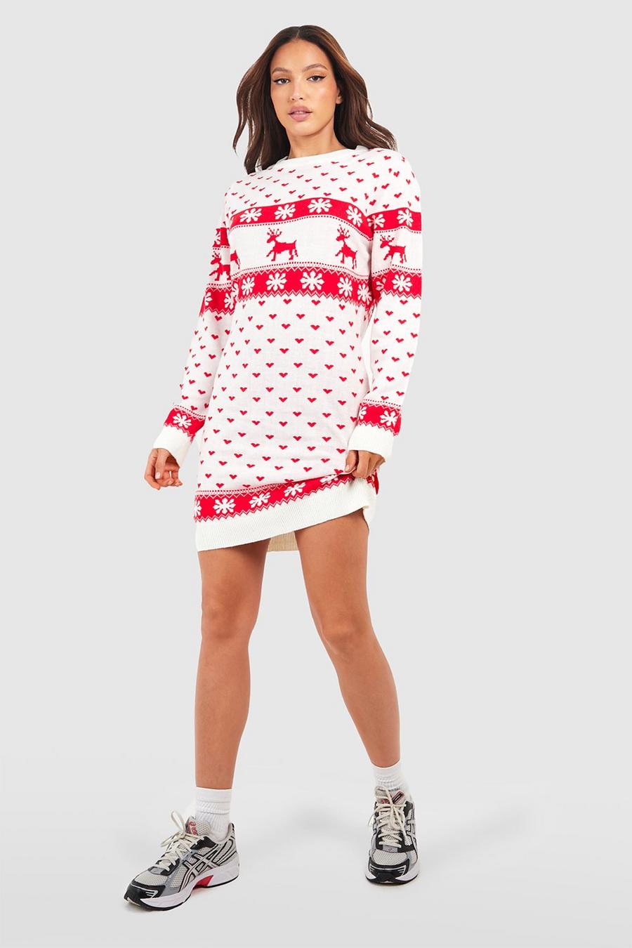 Vestido jersey Tall navideño con estampado de renos y muñecos de nieve, Crema