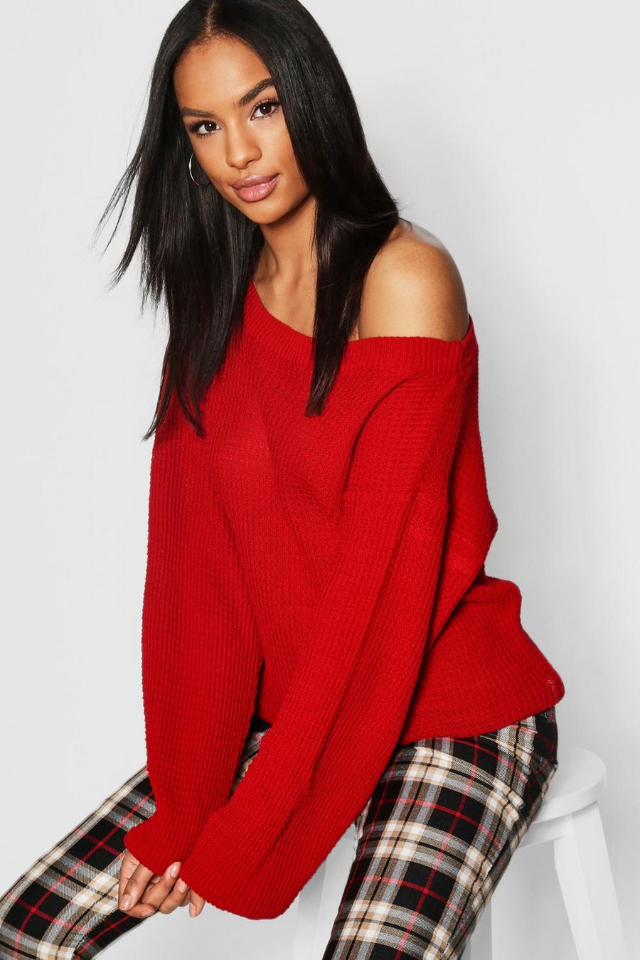Red Tall Slash Neck Sweater image number 1