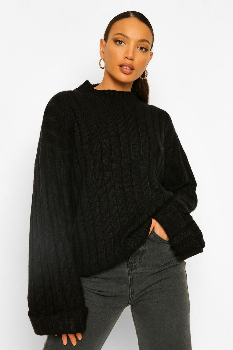 Black Tall Wide Rib Turn Up Cuff Sweater image number 1