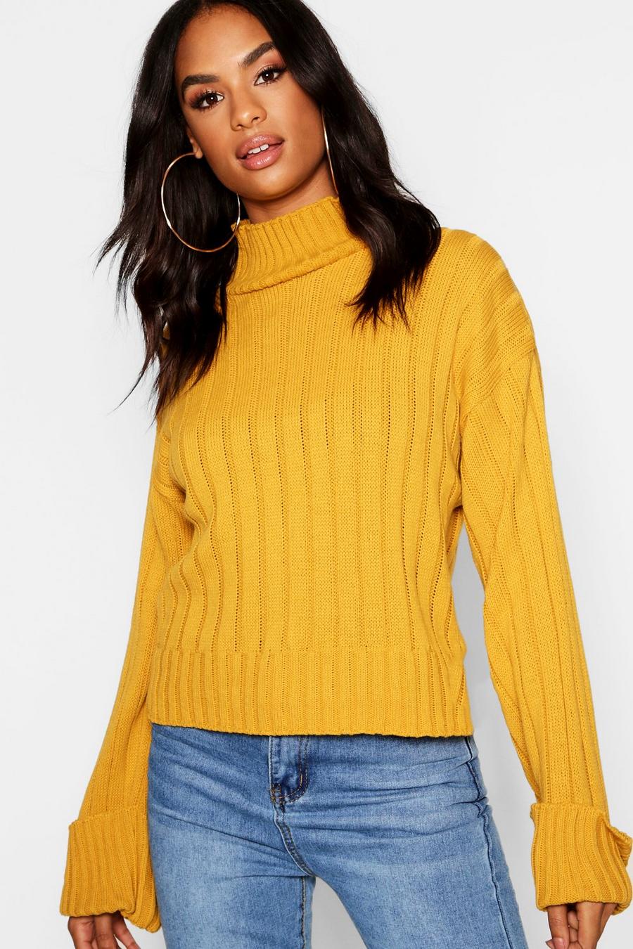 Mustard Tall Wide Rib Turn Up Cuff Sweater image number 1