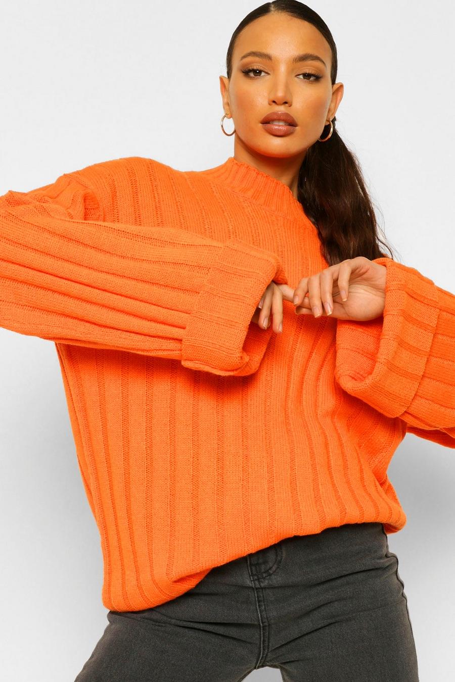 Tall gerippter Pullover mit hochgerollten Ärmeln, Orange image number 1