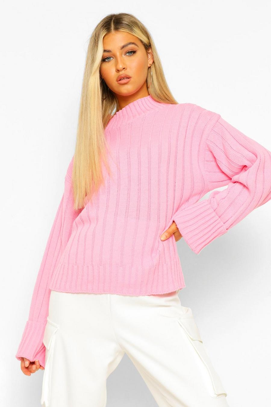 Tall gerippter Pullover mit hochgerollten Ärmeln, Rosa image number 1