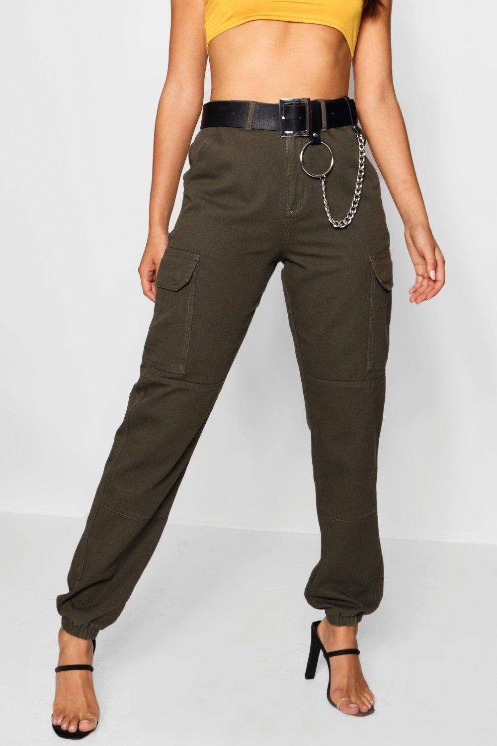 khaki denim belted trousers