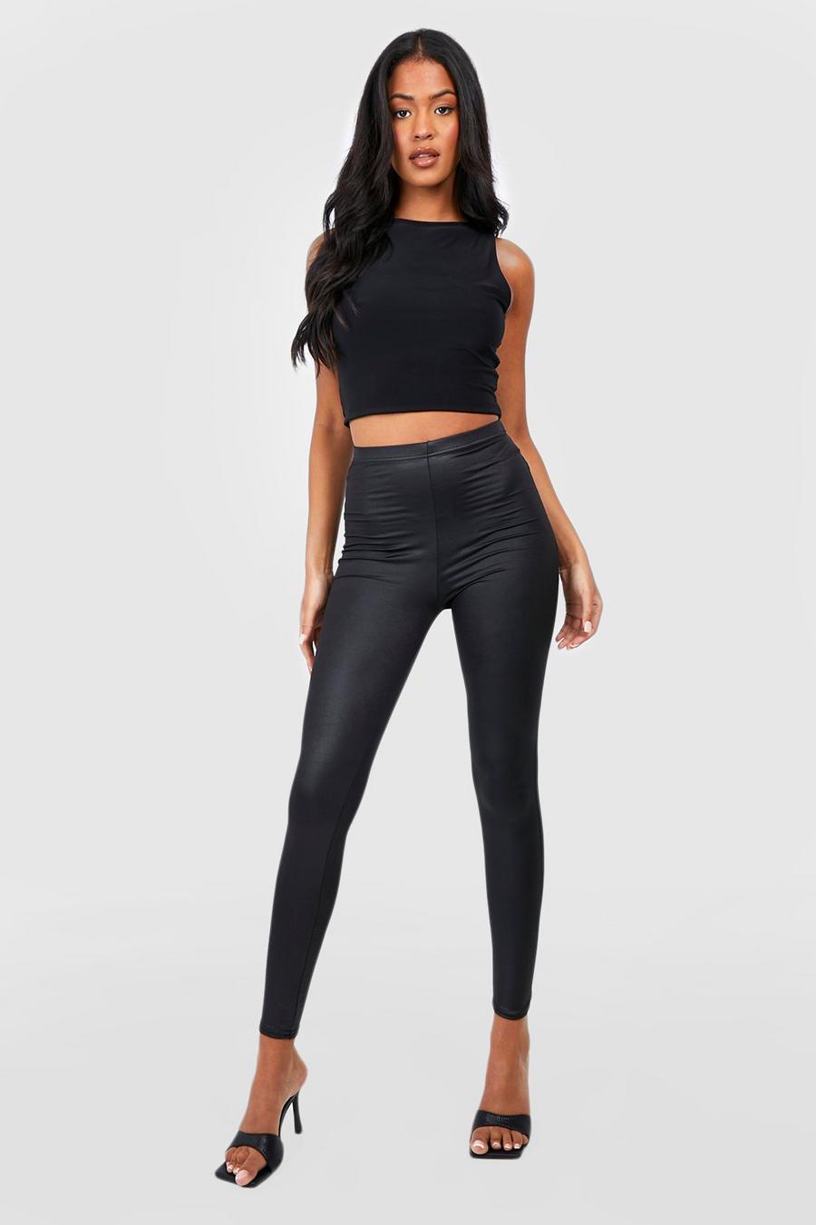 Black Tall Leather Look High Waisted Leggings image number 1