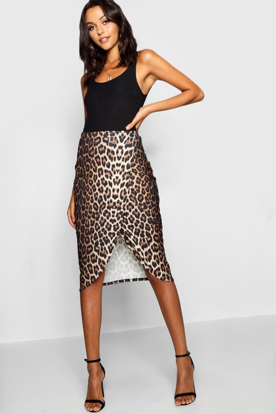 Tan Tall Wrap Over Split Leopard Midi Skirt image number 1