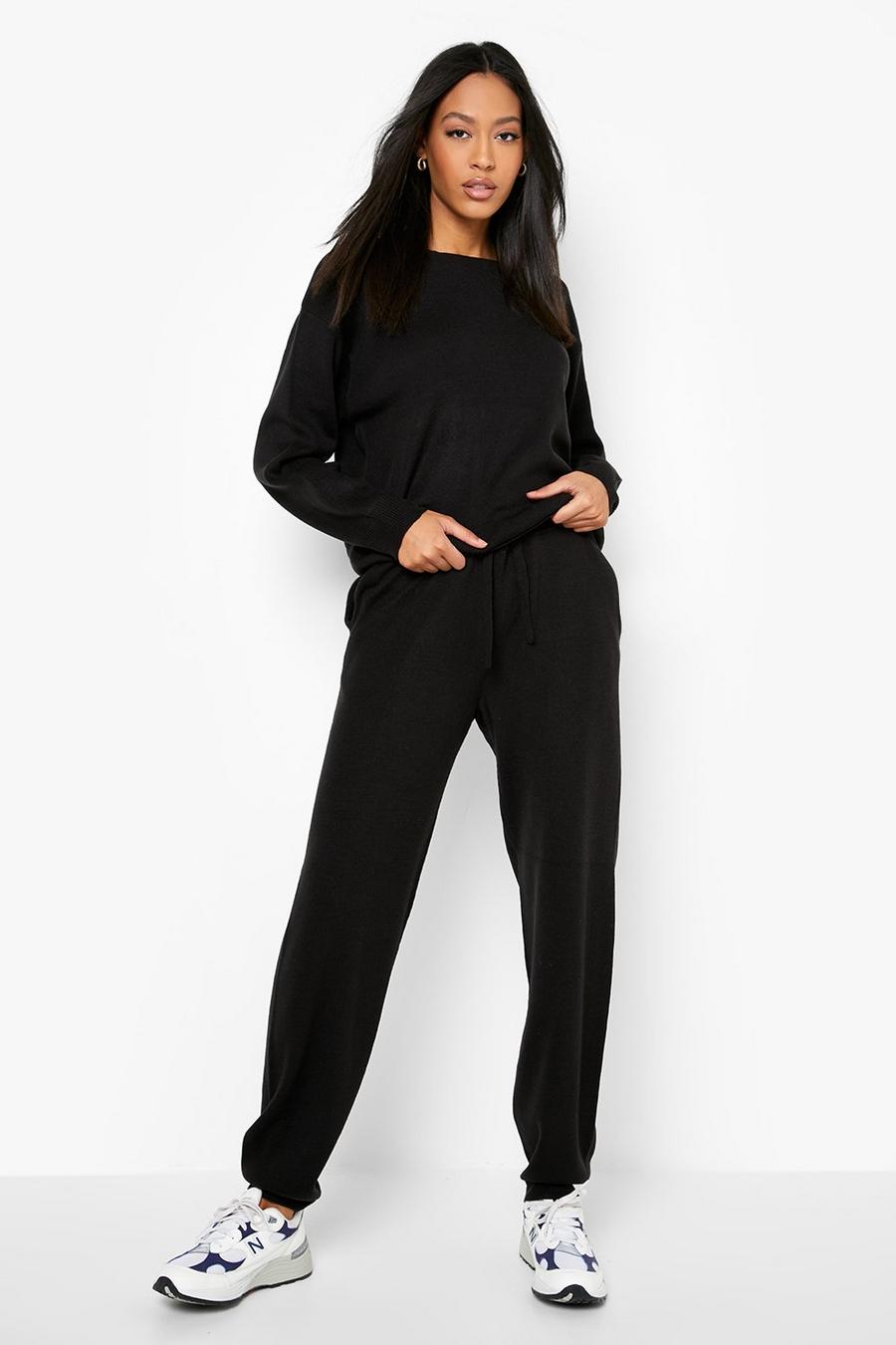 שחור black סט בגדי בית סרוגים עם צווארון אלכסוני לנשים גבוהות