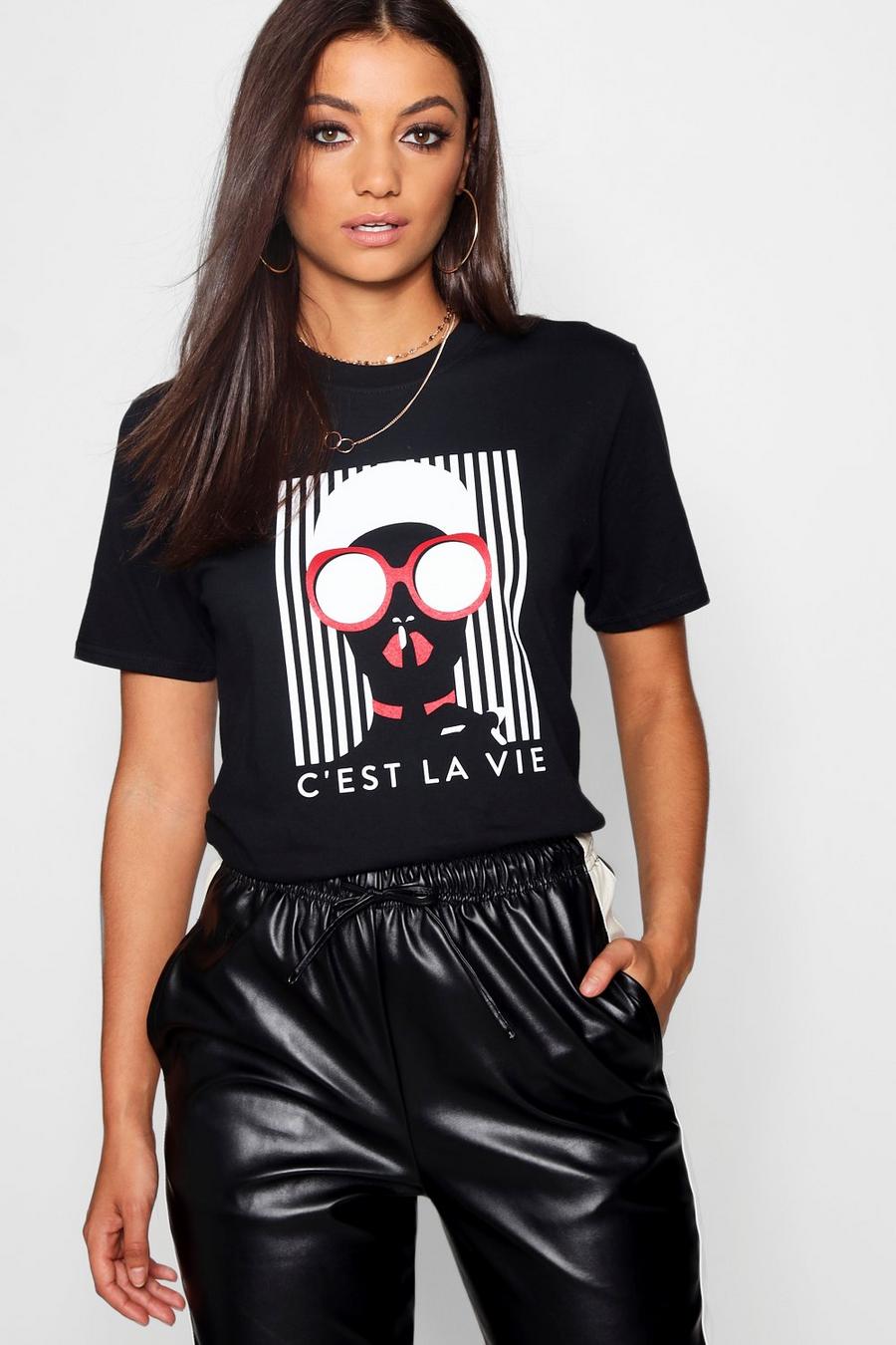 T-shirt Tall con slogan e stampa C’est la vie, Nero image number 1