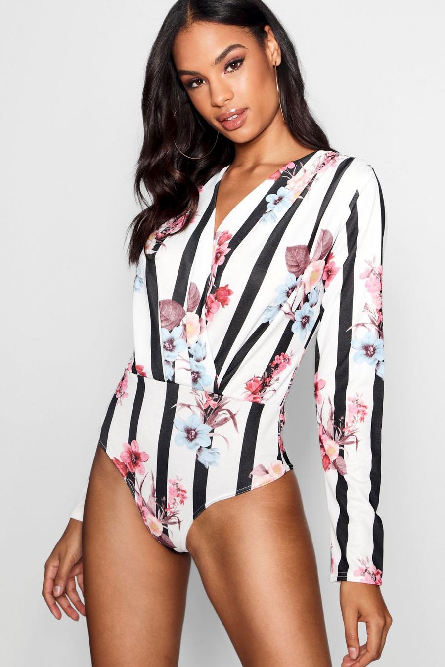 White Tall Floral & Stripe Wrap Bodysuit image number 1