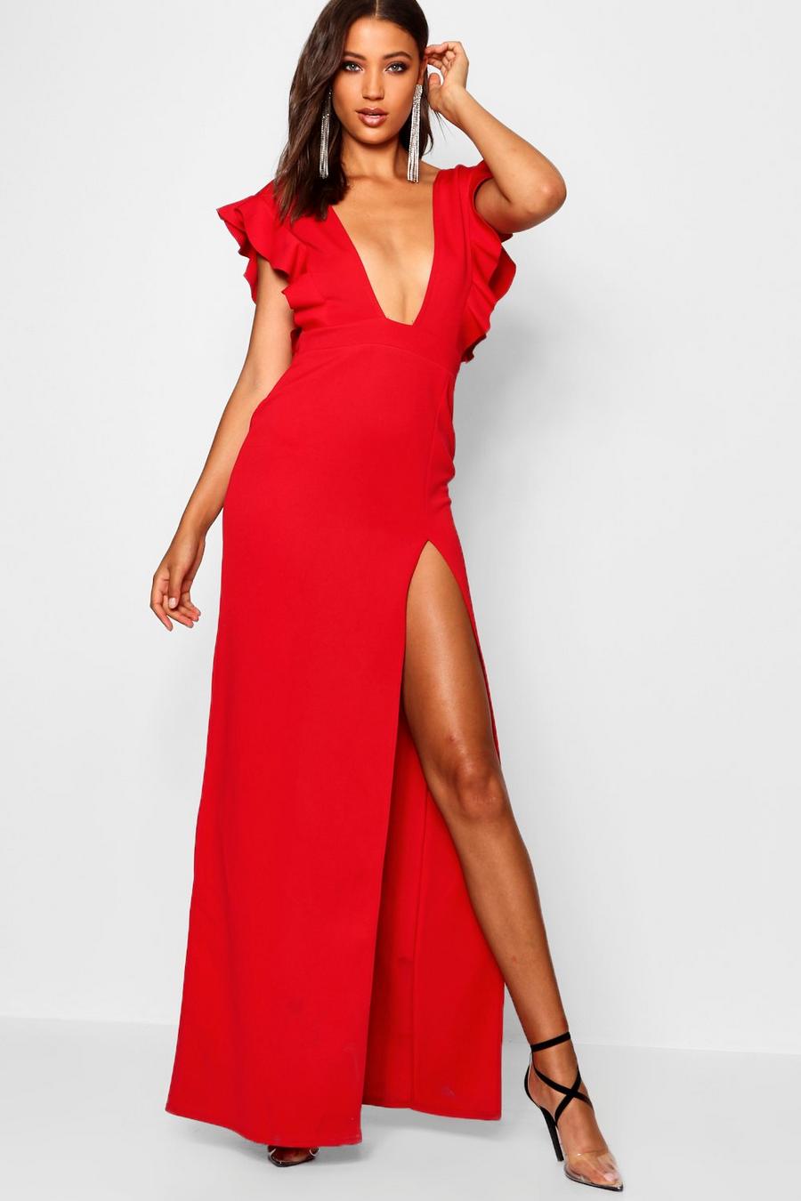 Red Tall Ruffle Plunge Split Leg Maxi Dress image number 1