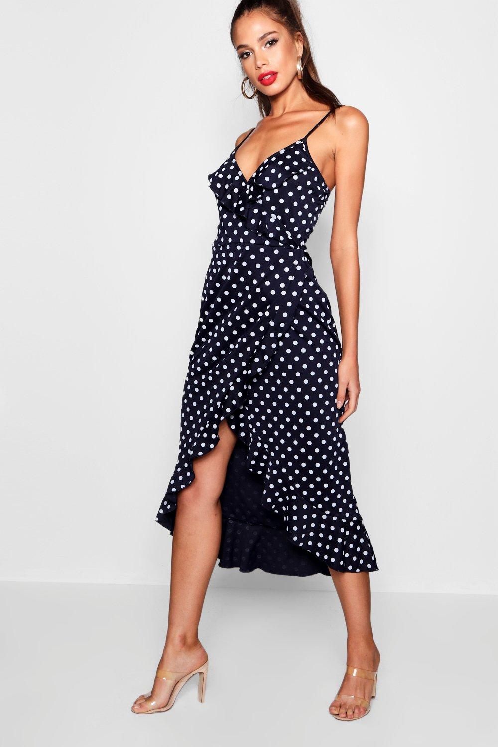 Polka dot ruffle wrap dress on sale