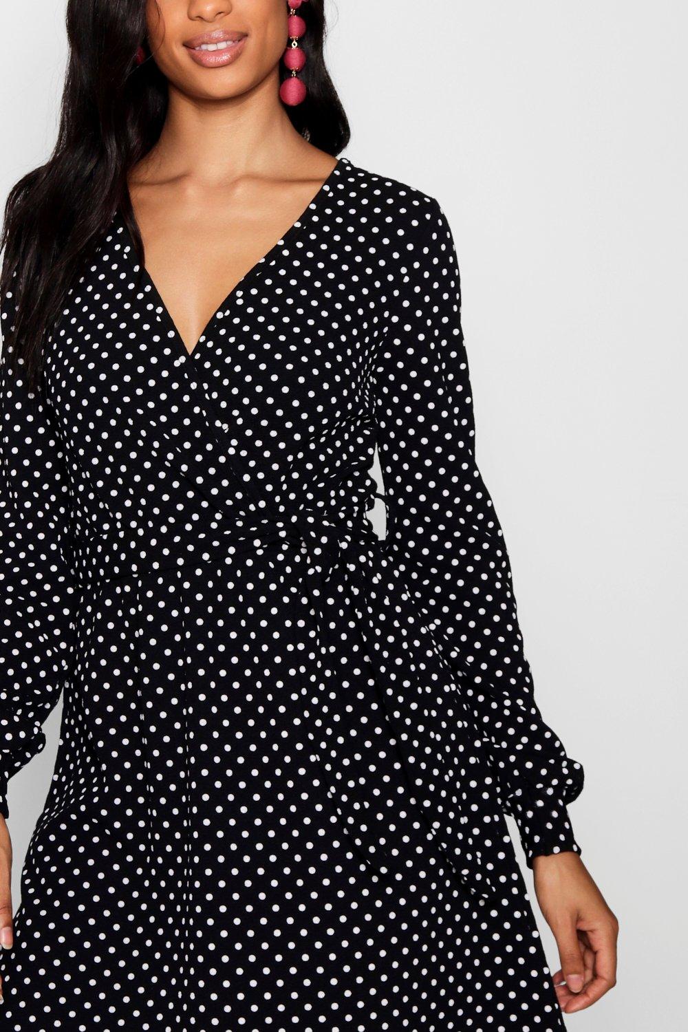 Boohoo polka dot wrap dress online