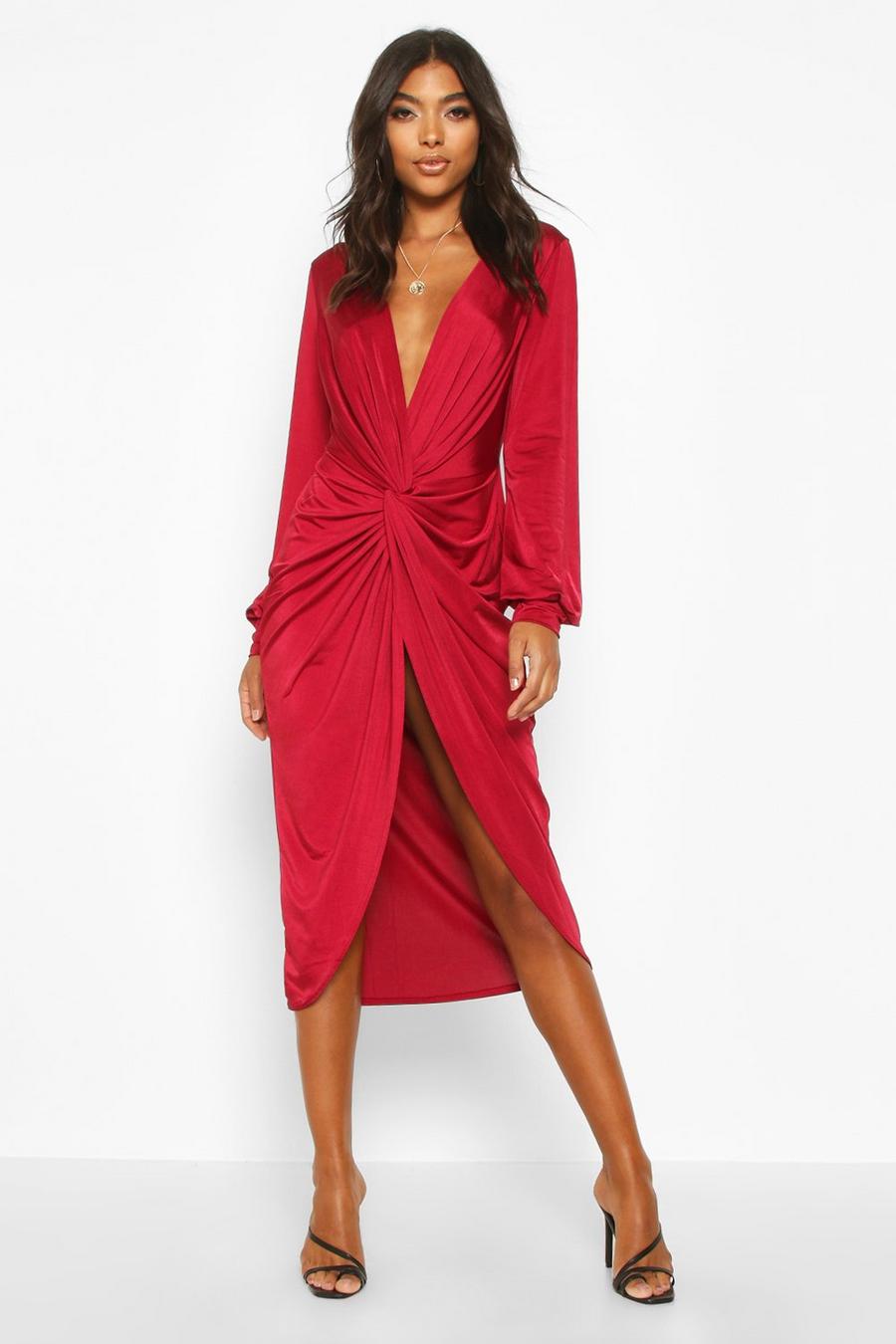 Wine Tall Midiklänning i glansigt material med tvinnad design image number 1
