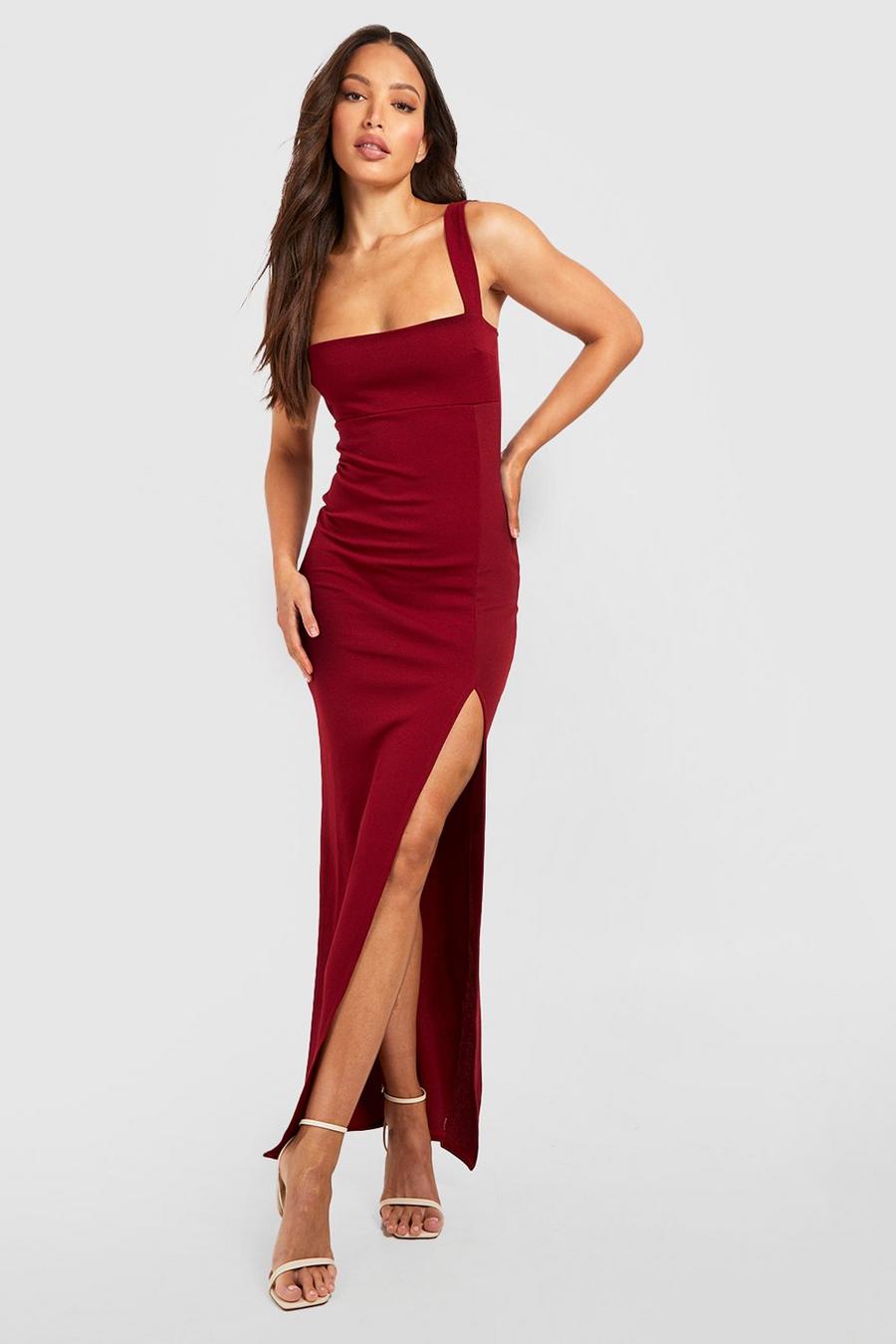 Berry rosso Tall Square Neck Side Split Maxi Dress image number 1
