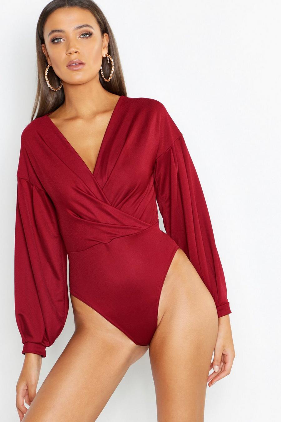 Wine Tall Melissa Wrap Front Bodysuit image number 1