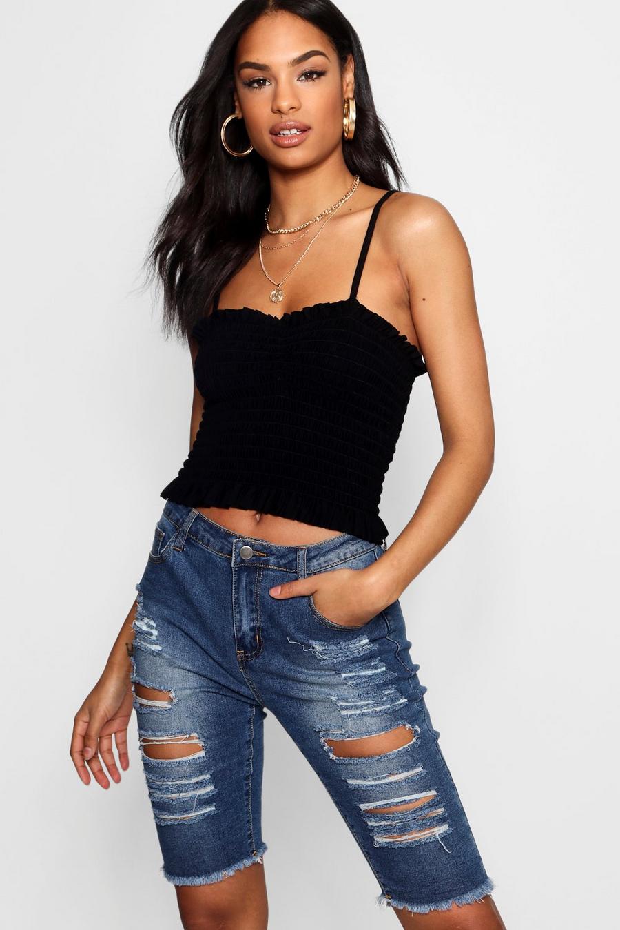 Black Tall Shirred Crop Top image number 1