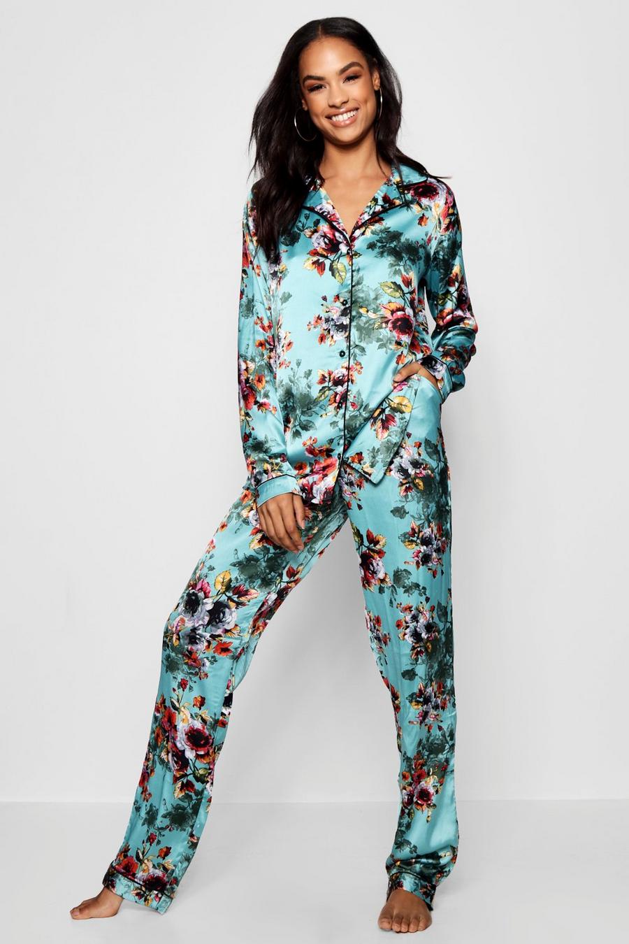 Turquoise blue Tall Tropical Floral Satin PJ Trouser Set image number 1