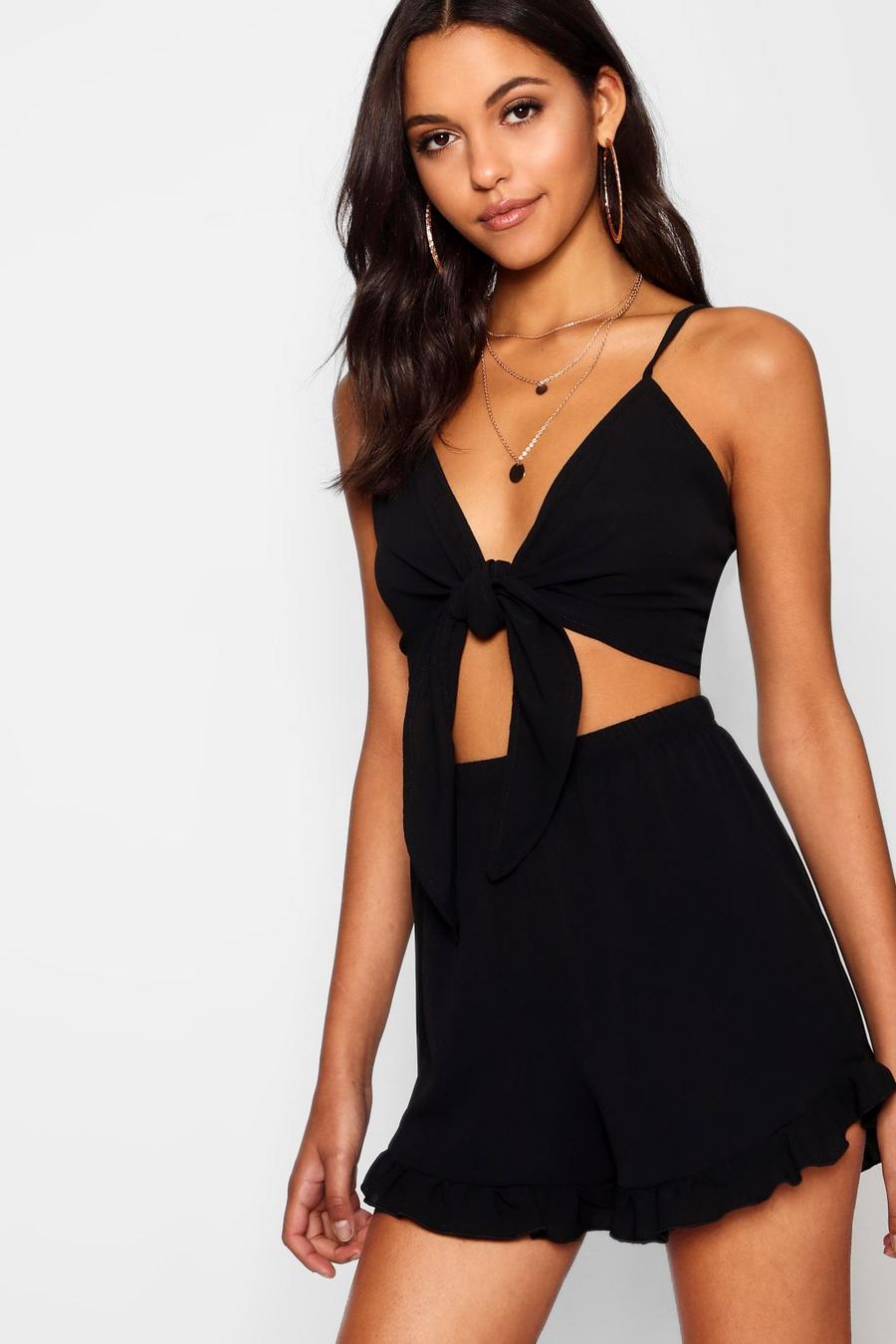 Black Tall Tie Front Top & Shorts Co-Ord