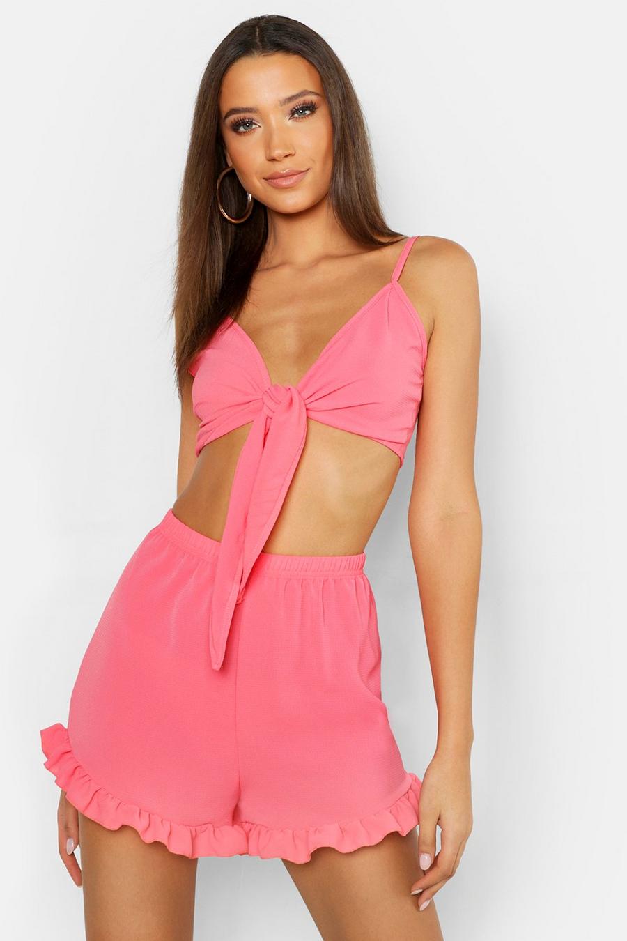 Coral Tall Tie Front Top & Shorts Co-Ord image number 1