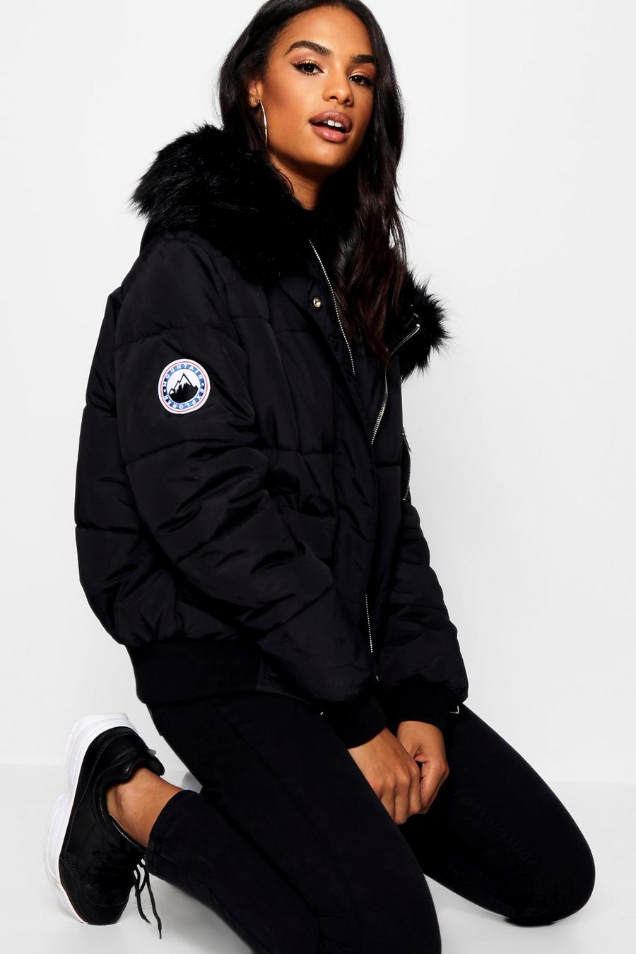 Black Tall Contrast Faux Fur Padded Crop Jacket