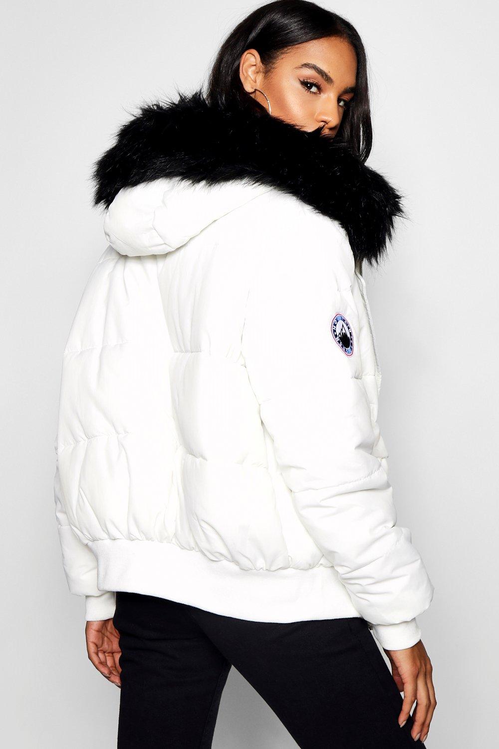 white cropped coat fur hood