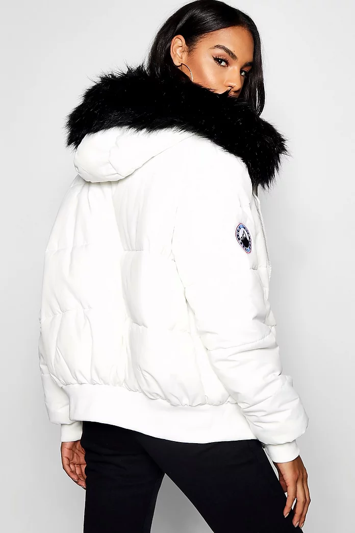 Tall Contrast Faux Fur Padded Crop, Boohoo Hooded Faux Fur Coat Black And White