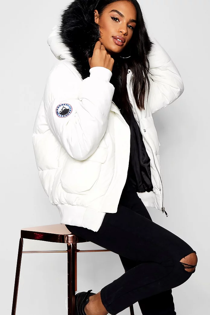 Tall Contrast Faux Fur Padded Crop, Boohoo Hooded Faux Fur Coat Black And White