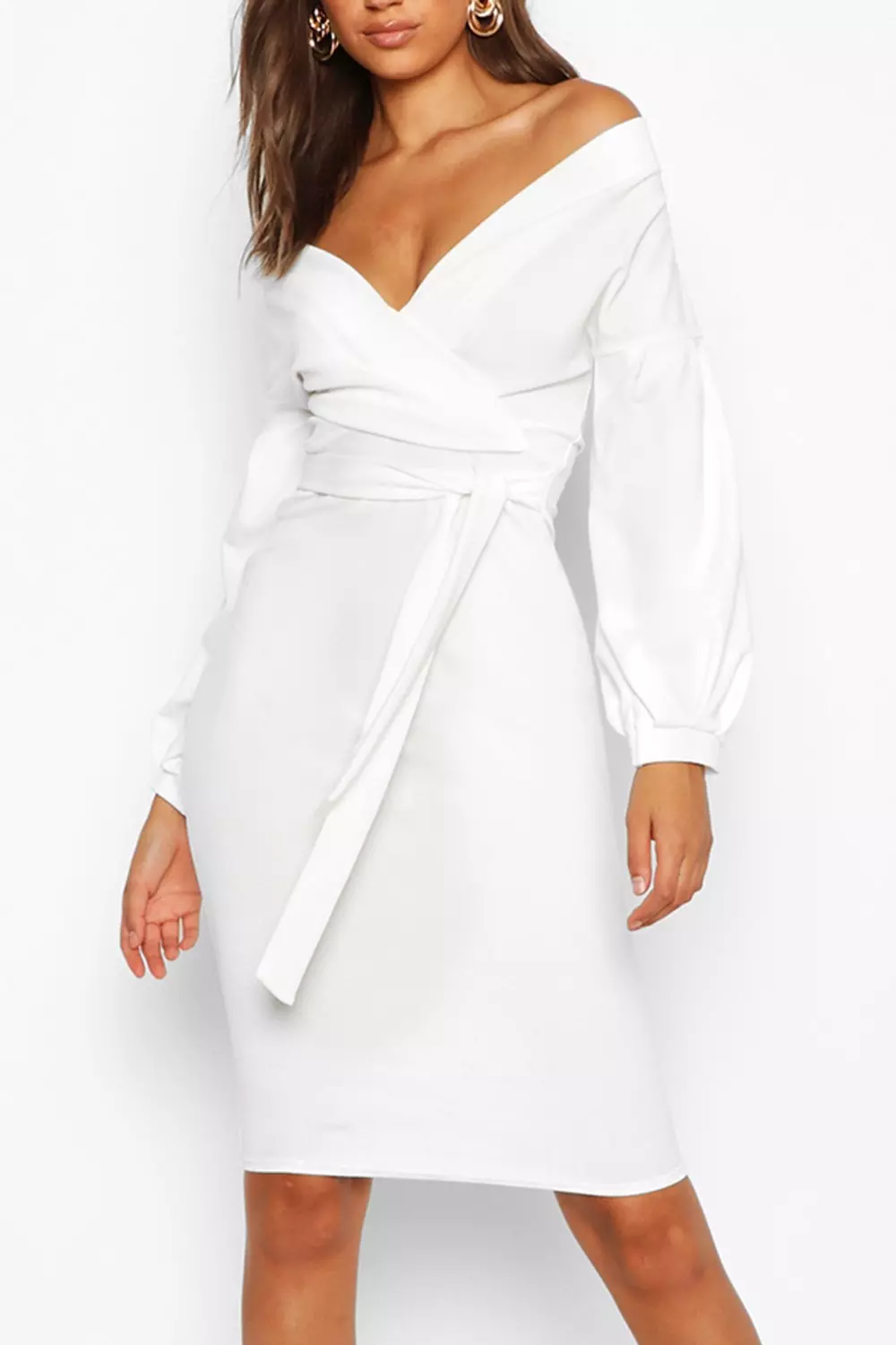 Boohoo off the on sale shoulder wrap dress