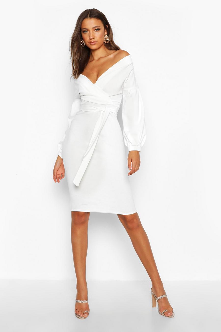Ivory Tall Off The Shoulder Wrap Midi Bodycon Dress image number 1