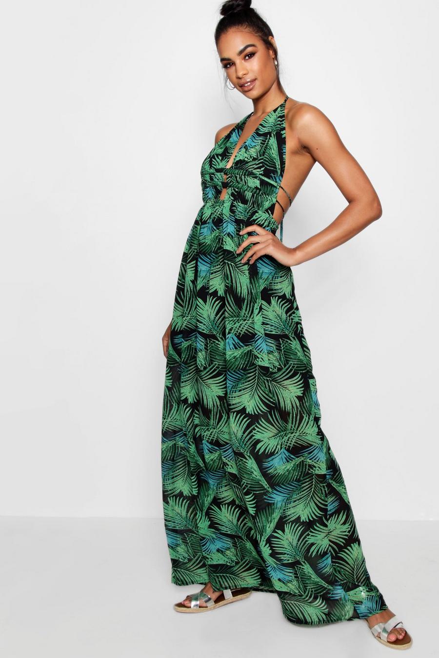 ירוק עלה שמלת מקסי מחשוף עמוק עם הדפס עצי דקל לנשים גבוהות