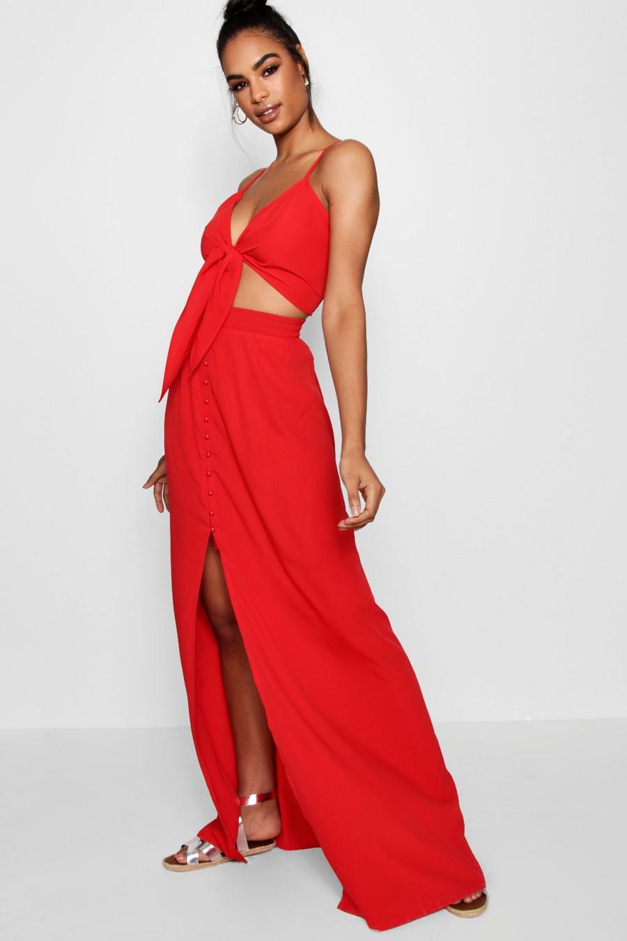 אדום סט תואם טופ עם קשירה בחזית וחצאית מקסי לנשים גבוהות image number 1