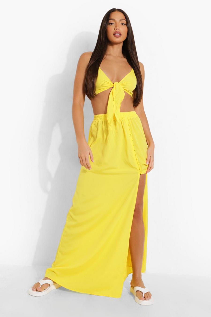 Yellow סט תואם טופ עם קשירה בחזית וחצאית מקסי לנשים גבוהות image number 1