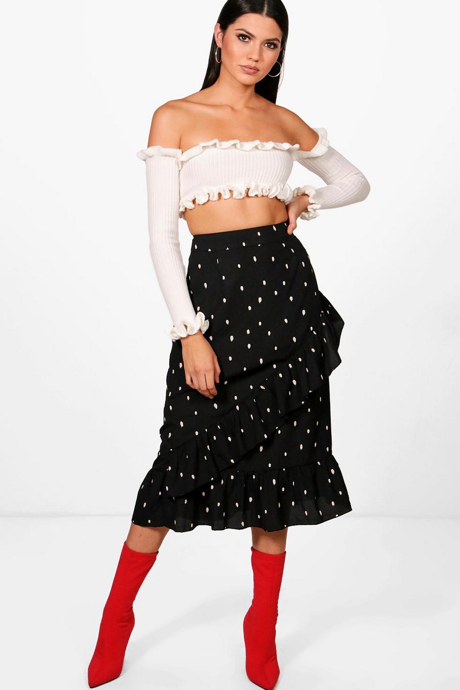 Black noir Tall Asymmetric Ruffle Midi Skirt image number 1