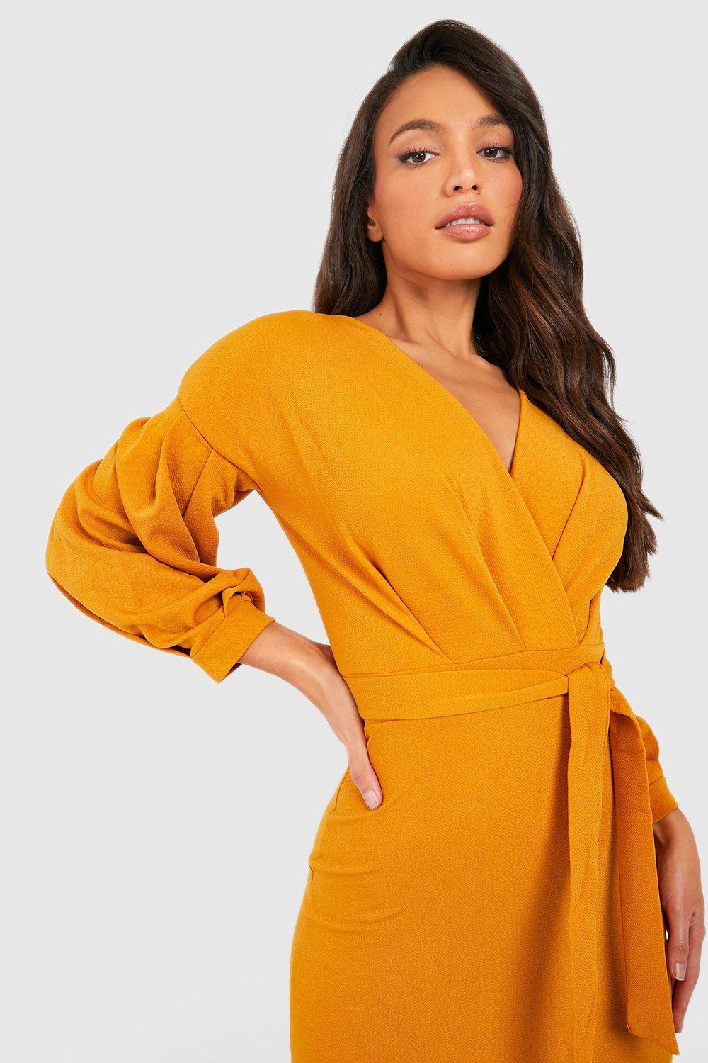 Boohoo off the cheap shoulder wrap midi dress