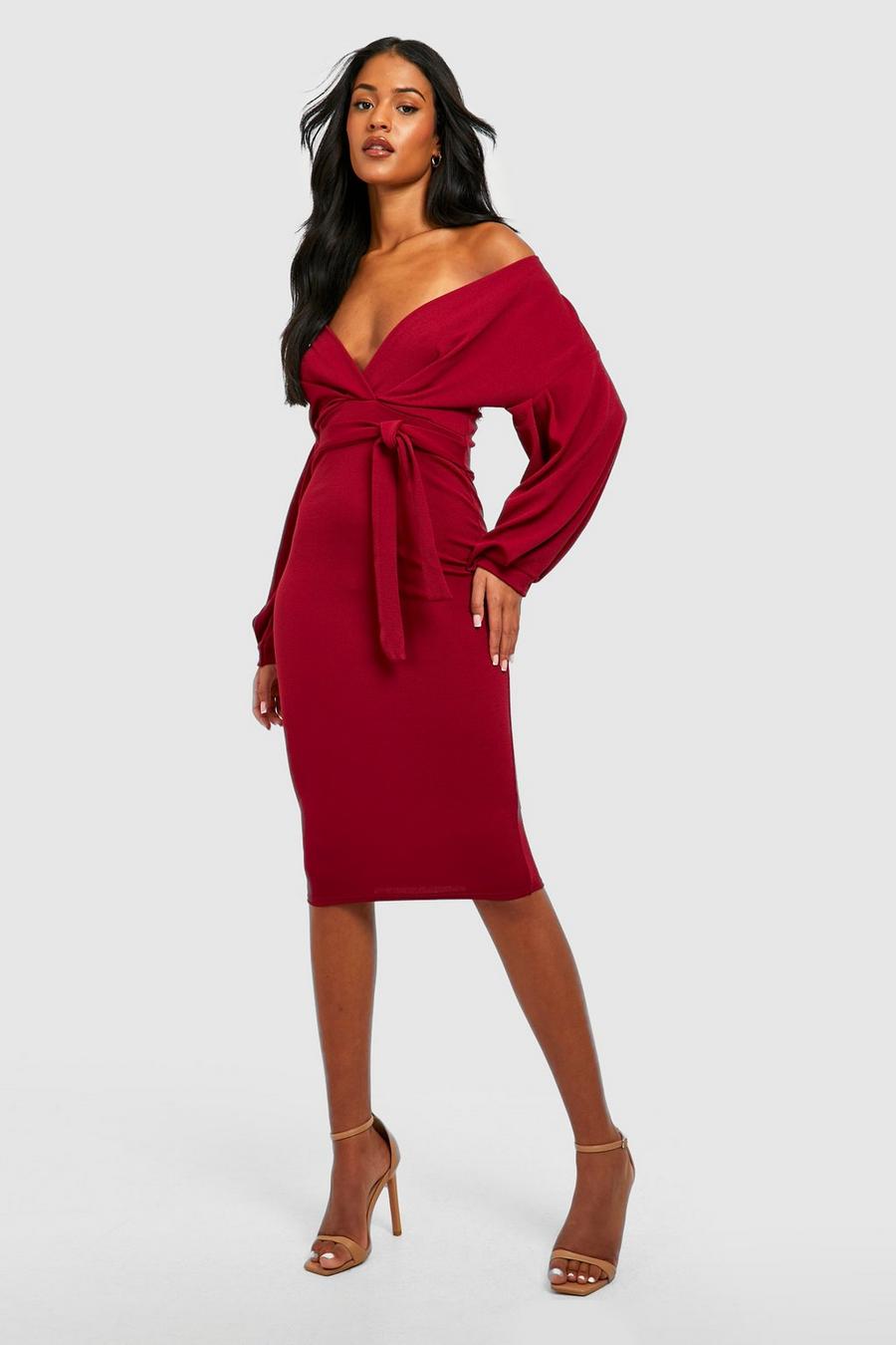 Berry Tall Off The Shoulder Wrap Midi Bodycon Dress image number 1