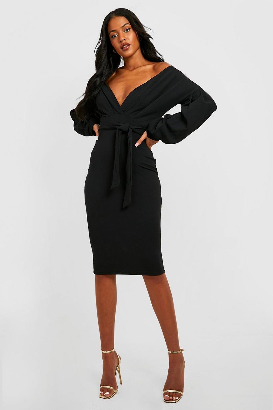 Black Tall Off The Shoulder Wrap Midi Bodycon Dress image number 1