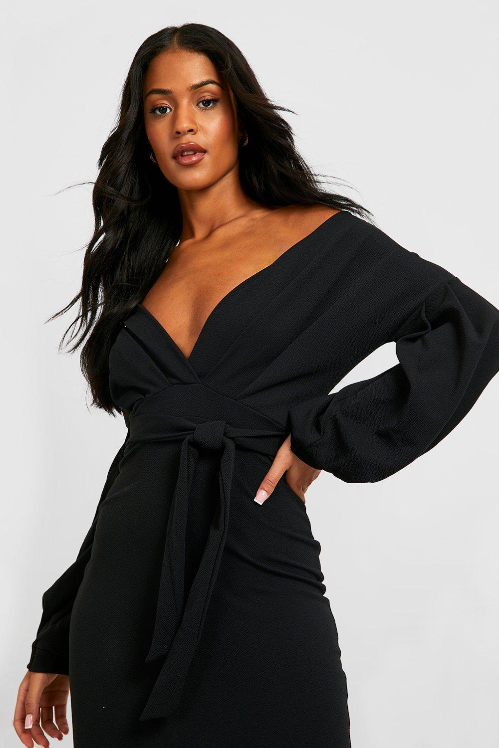 tall off the shoulder wrap midi bodycon dress