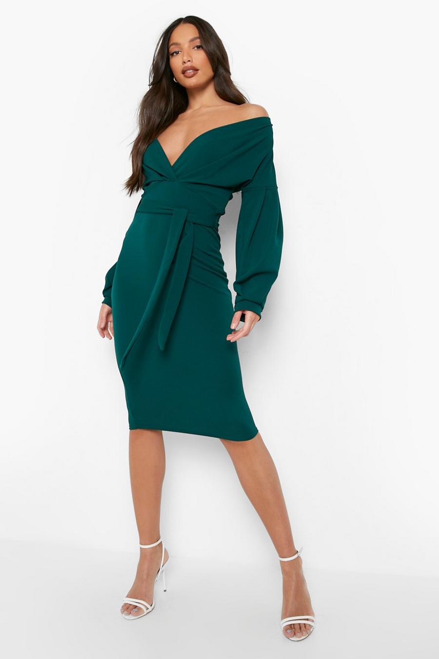 Emerald Tall Off The Shoulder Wrap Midi Bodycon Dress