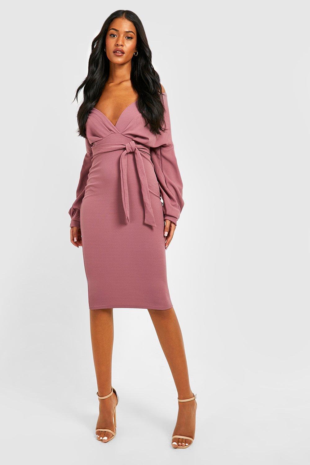 Tall off the shoulder wrap midi hot sale bodycon dress