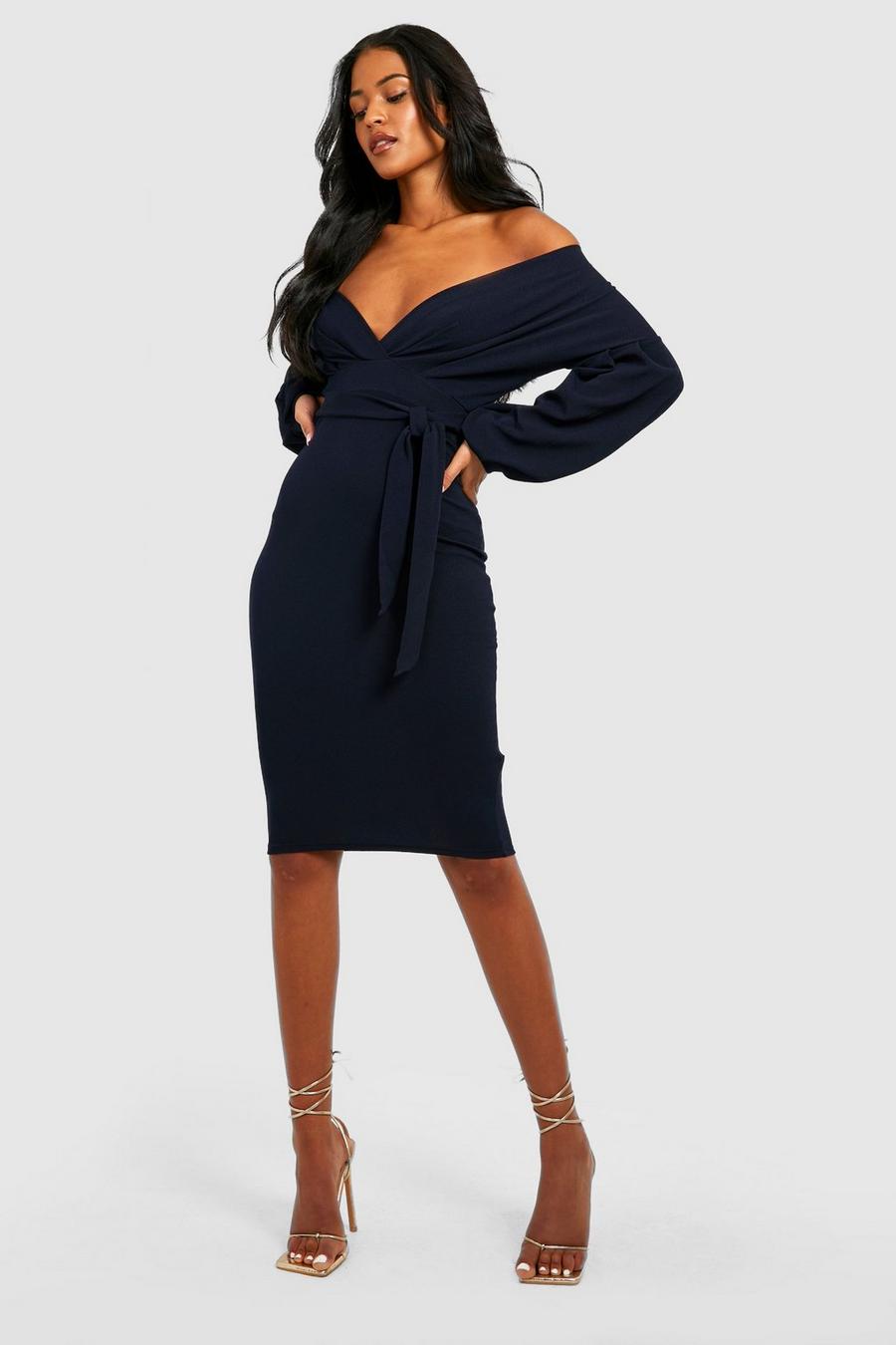 Navy Tall Off The Shoulder Wrap Midi Bodycon Dress image number 1