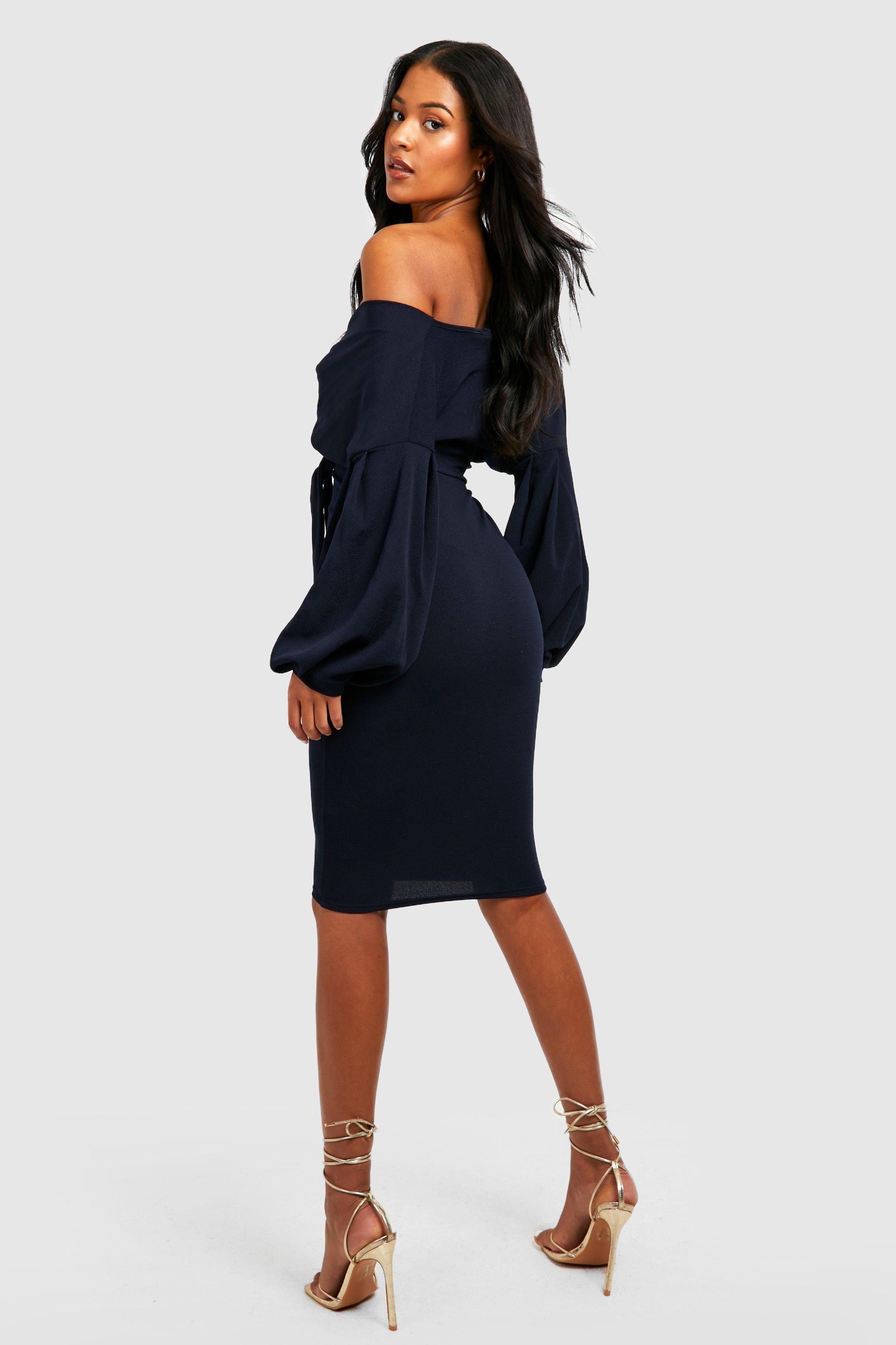 Tall off the shoulder hotsell wrap midi bodycon dress