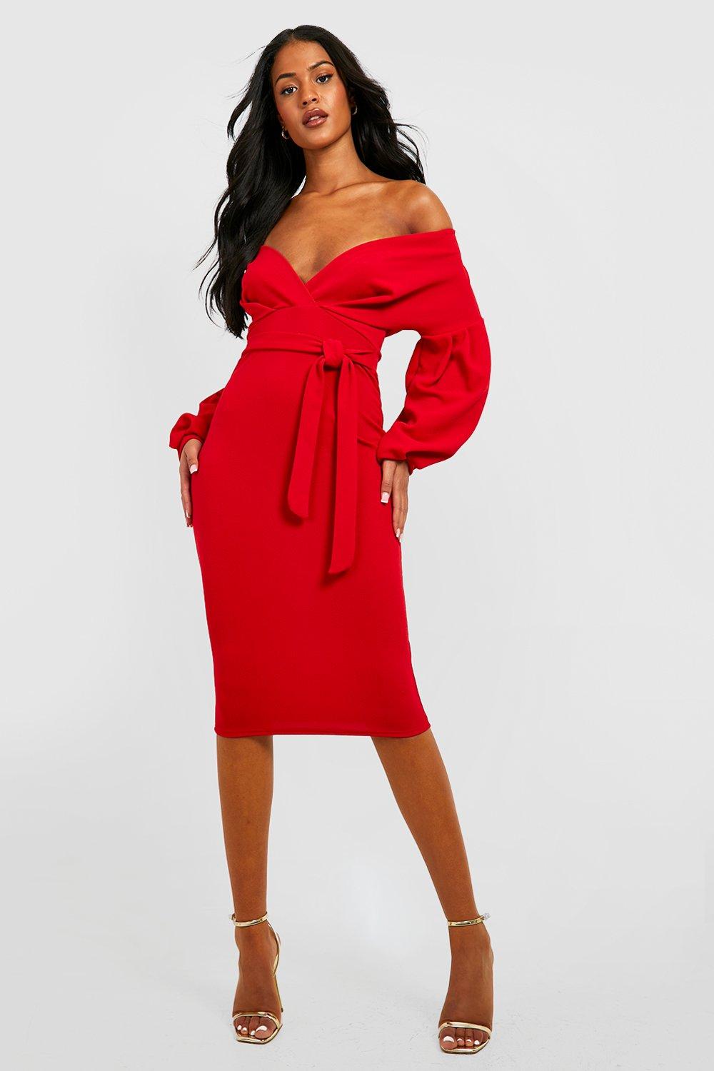 off the shoulder wrap midi bodycon dress