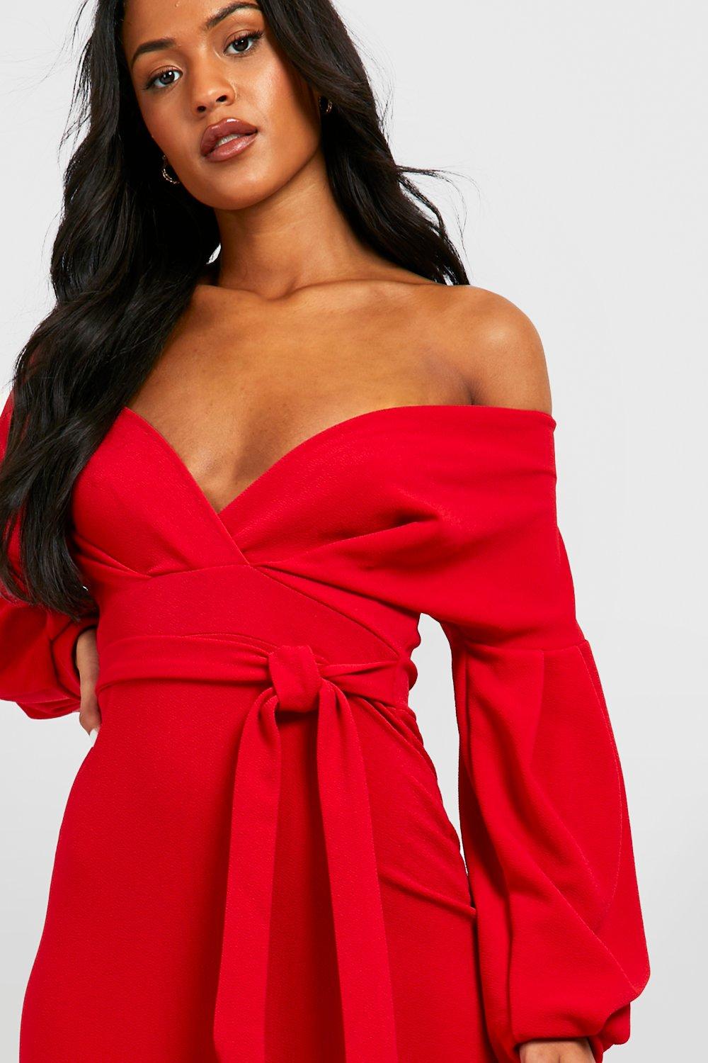 Boohoo red hotsell off shoulder dress